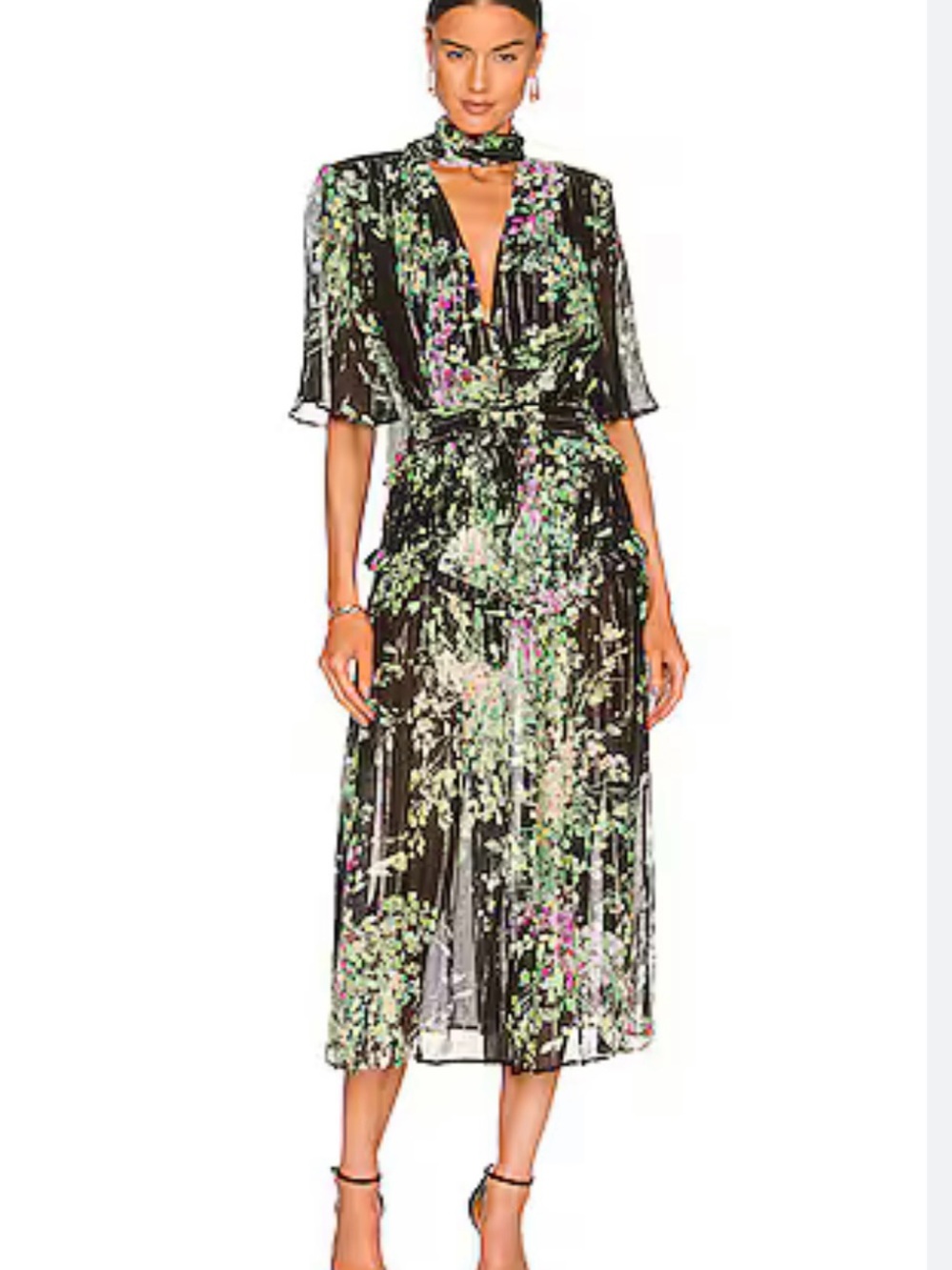 Sabina Musayev Black Floral Midi Dress with Green & Pink Accents